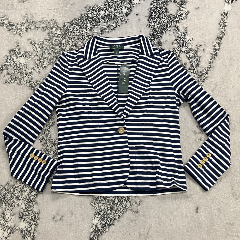 Lauren Ralph Lauren Striped Blazer Navy White Cotton Knit Jacket PM NWT